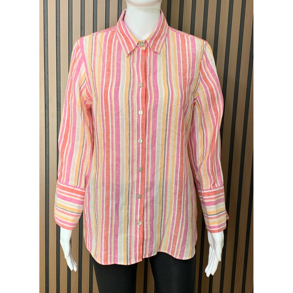 Chicos Women's 100% Linen Striped Button Down Shirt Pink Orange White Size 8